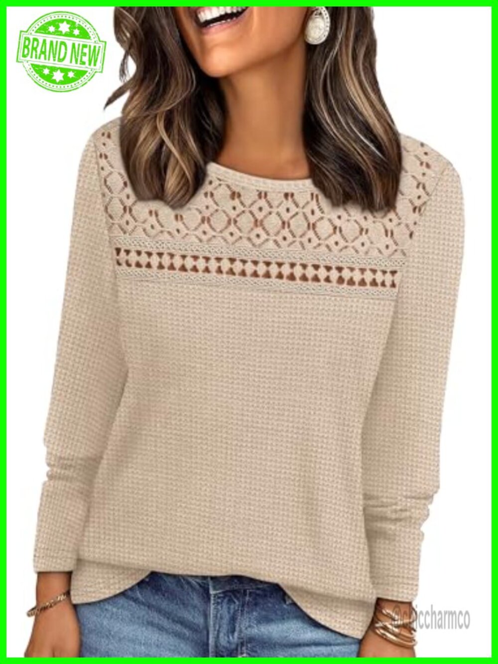 Womens Lace Long Sleeve Waffle Knit Blouse Dressy Casual Lightweight Top